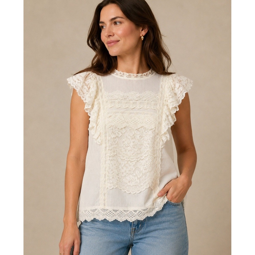 Maeve Anthropologie Lace Panel Flutter Sleeve Top 14 Ivory Boho Romantic Blouse